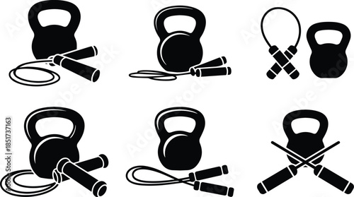 Set of Minimalist black kettlebell and jump rope crossed silhouette vector icon
