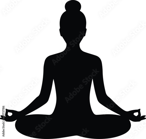 Minimalist black person in lotus pose meditation silhouette vector icon