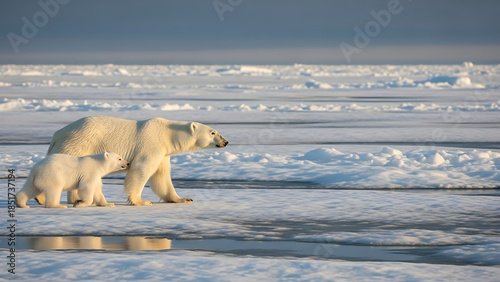 Polar Bears Walking on Arctic Ice Floes in Frozen Ocean Landscape Wildlife Photography Aerial View Cold Environment