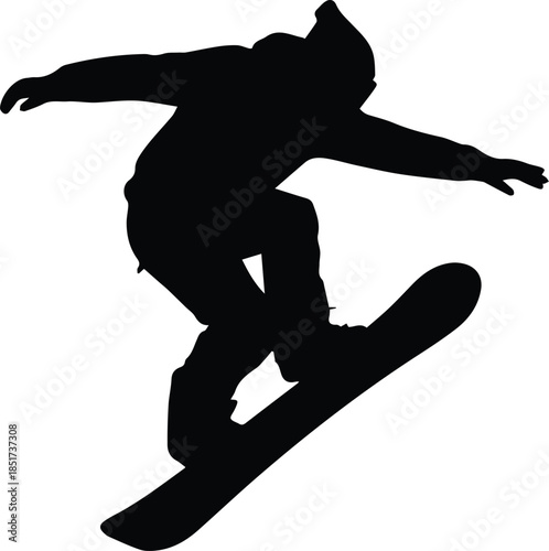 Minimalist black snowboarder jumping mid-air silhouette vector icon