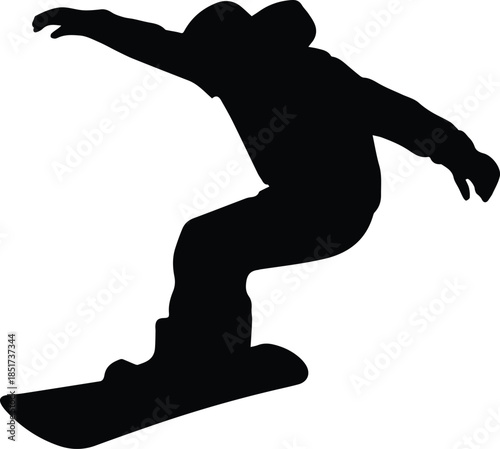 Minimalist black snowboarder jumping mid-air silhouette vector icon