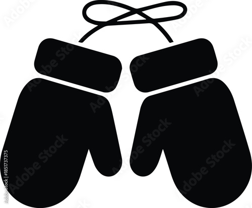 Minimalist black pair of winter mittens connected by a string silhouette vector icon
