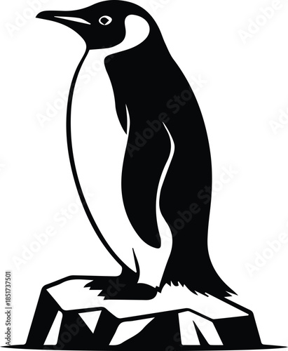 Minimalist black penguin standing on small ice block silhouette vector icon