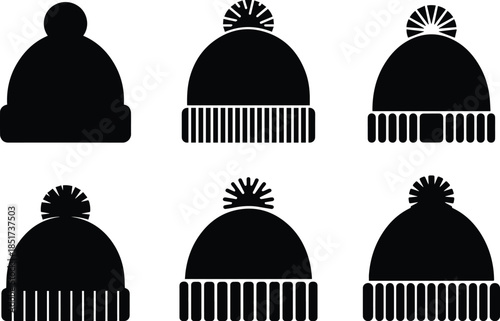 Set of Minimalist black knitted beanie hat with pom-pom silhouette vector icon