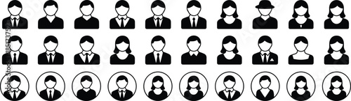 Icon grid of 25 diverse human avatars in black and white with varied hairstyles, clothing, accessories, and circular borders