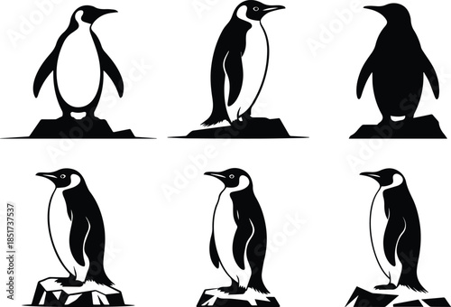 Set of Minimalist black penguin standing on small ice block silhouette vector icon