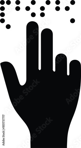 Minimalist black hand touching raised braille dots silhouette vector icon