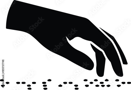 Minimalist black hand touching raised braille dots silhouette vector icon
