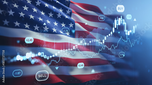 Cuadro en lienzo USA flag background with glowing forex and stock market charts, candlesticks, and trading indicators representing investment and financial market concept