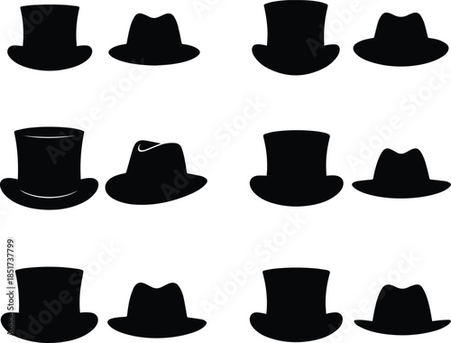Minimalist black classic top hat and fedora side by side silhouette vector icon