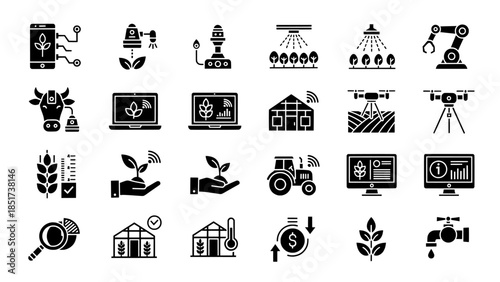 Smart agriculture and future farming technology vector icons set