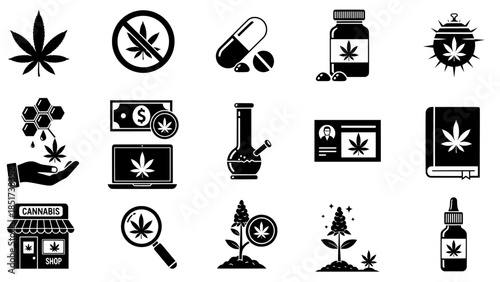 Medical cannabis and marijuana industry flat icon collection