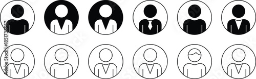 Icon set of twelve simplified human avatars in black and outline styles with varied clothing, accessories, and profile design