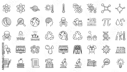 Science and research line icon set for education and laboratory