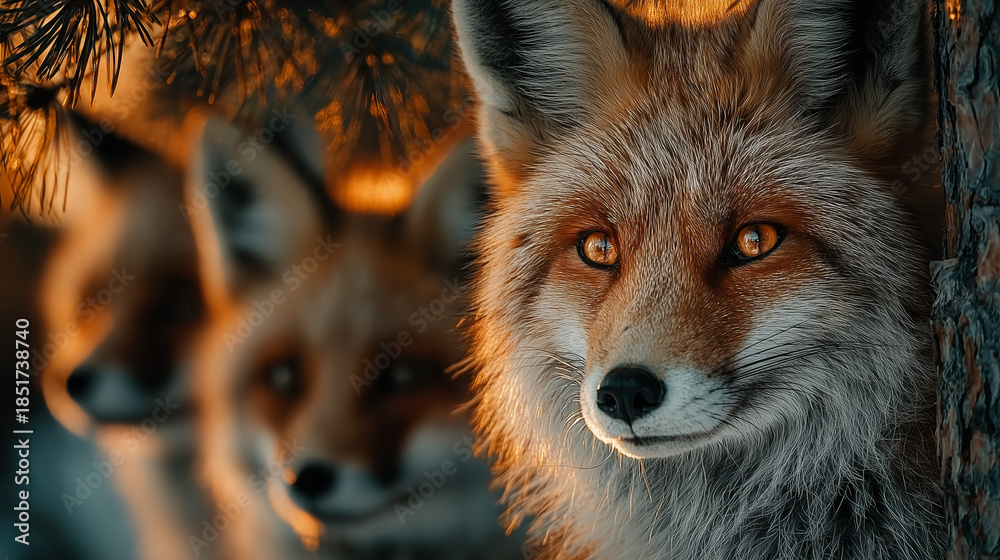 Fototapeta premium Close-up portrait of a red fox peering from behind a tree in warm forest light, highlighting wildlife alertness and natural beauty.