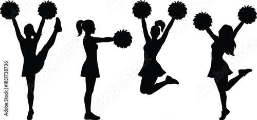 Silhouetted cheerleaders performing energetic jumps and poses with pom-poms, capturing dynamic movement, team spirit, and athletic performance.