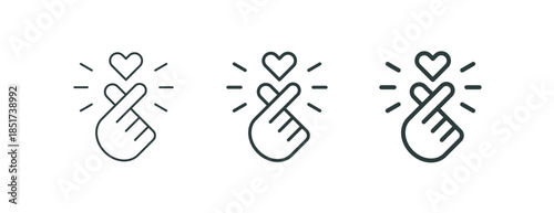 Finger heart love and gratitude symbol outline icon. Line sign fingers hand folded into Korean heart gesture. Vector isolated pictogram for web and app on white background editable stroke.