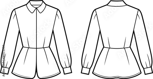 Technical fashion illustration of women’s blouse front and back views, showing peplum waist, collar, cuffs, and button details.