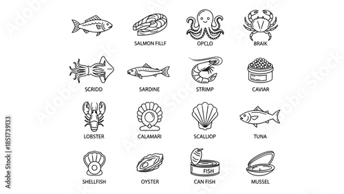 Seafood and fresh fish line icons set for restaurant menu