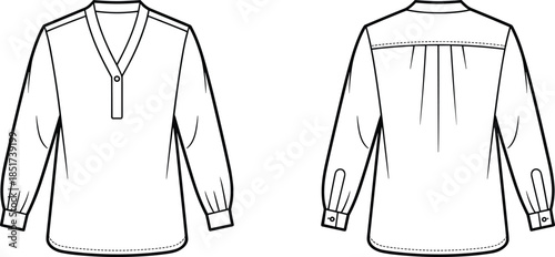 Technical fashion sketch of long-sleeved women's blouse with V-neck, button placket, yoke, pleats, and cuff details – front and back views