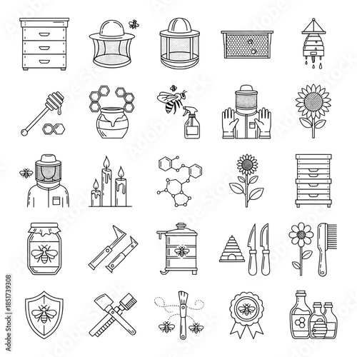 Beekeeping and organic honey production vector line icons set