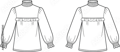 Technical sketch of loose-fit blouse with ruffled neckline, puff sleeves, grid pattern, and gathered cuffs – front and back views