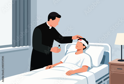 Clergyman anoints sick person in hospital bed, holding small bottle