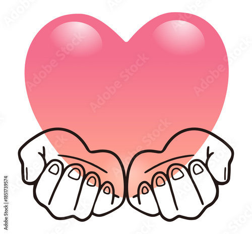 両手でハートを包み込むイラスト。愛情溢れる幸せな心のイメージ。 /An illustration of hands cradling a heart. An image of a heart overflowing with love and happiness.