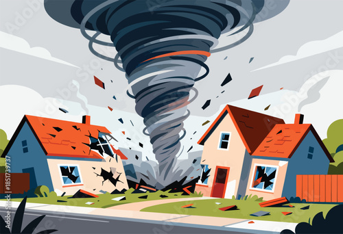 Houses destroyed by a swirling tornado, debris flying, and smoke rising