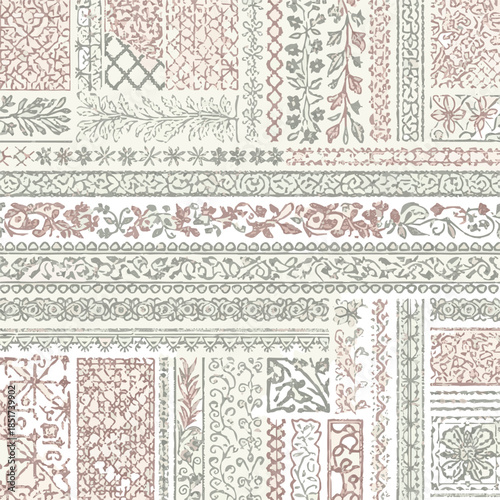 Create kinds of Different stitch pattern sewing embroidery textile retro lace background edge fashion needle cross ornament material vector border endless fabric.
