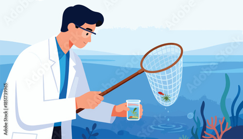 Person in lab coat studies aquatic life with net and specimen jar