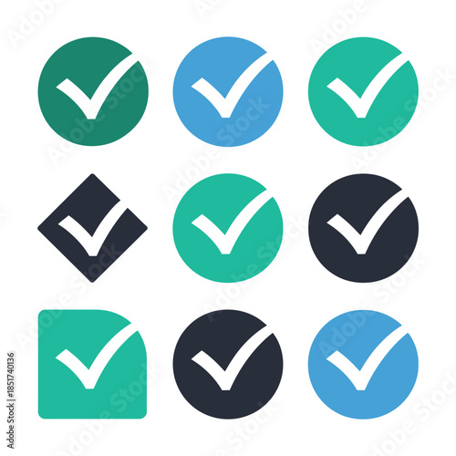 Vector green check mark stickers and glossy 3d web button icons set featuring tick symbols and right arrow signs for internet design illustration