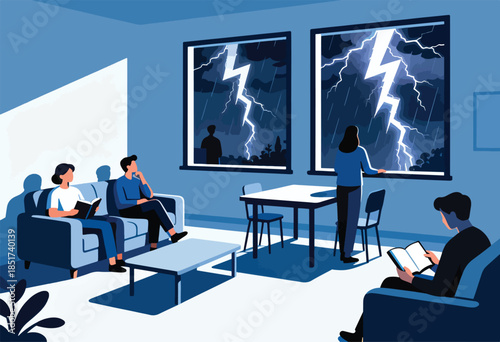 People indoors observe a powerful thunderstorm with lightning striking through the windows