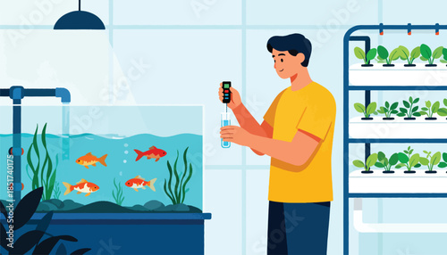 Man tests water in fish tank next to a multi-level indoor plant rack
