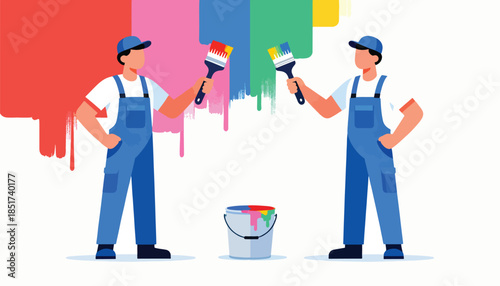 Two painters in blue overalls applying colorful paint strokes to a wall