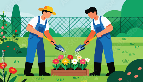 Two people in overalls gardening, fertilizing flowers in a backyard