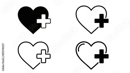 A set of four black and white icons featuring a heart shape combined with a plus sign. The first and third icons display a solid black heart with a white plus sign, while the second and fourth icons 