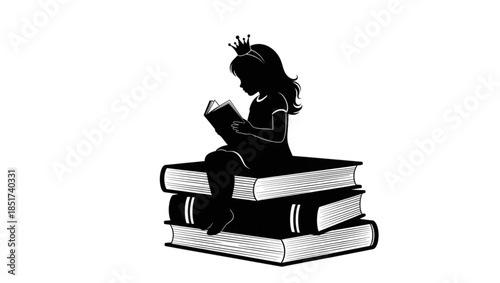 Black silhouette of a young girl with a crown, suggesting a princess. She is depicted sitting atop a large book while engrossed in reading another, smaller book she holds in her hands. 
