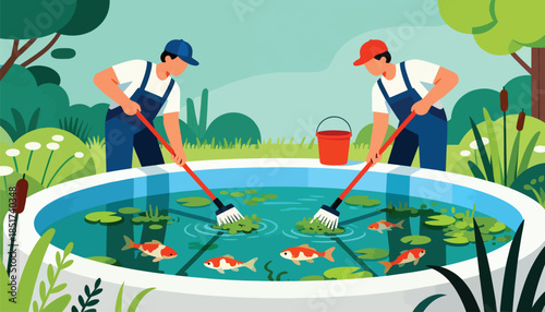 Two workers in overalls clean a pond, removing algae, while colorful fish swim around