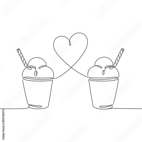 Two Ice Cream Cups with Straws Forming a Heart Shape, Symbolizing Love and Friendship, Perfect for Valentine s Day or Romantic Occasions, Illustration
