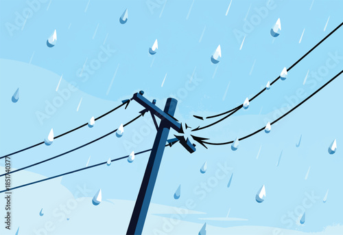 A broken power line hangs precariously in heavy rain