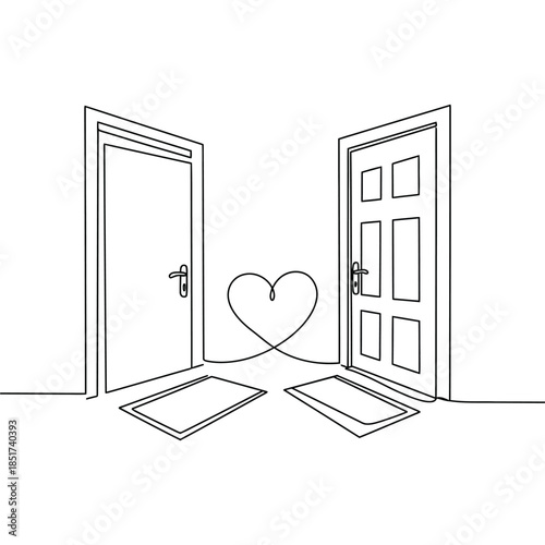 Two Open Doors with Heart in Middle - Symbolizing Love, Choice, New Beginnings, and Opportunities - Illustration