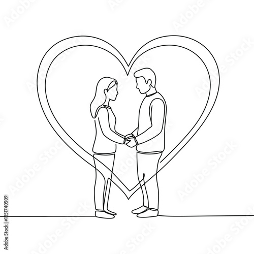Minimalist Line Art Illustration of a Couple Holding Hands Inside a Heart Shape, Symbolizing Love and Affection