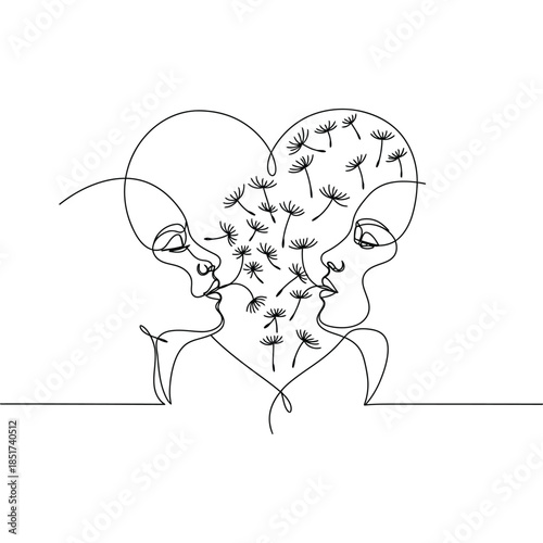 Minimalist Line Art Illustration of a Couple in a Heart Shape with Floating Dandelion Seeds Symbolizing Love and Connection