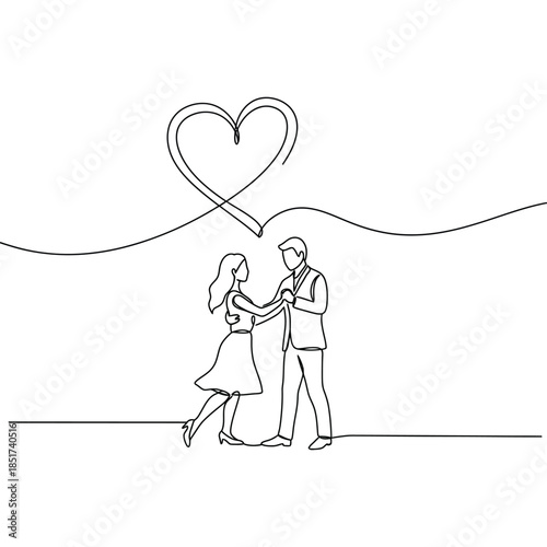 Minimalist Line Art Illustration of a Romantic Couple Dancing Under a Heart Symbol, Representing Love and Romance