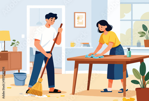 A couple is cleaning their home, one sweeping and one wiping a table