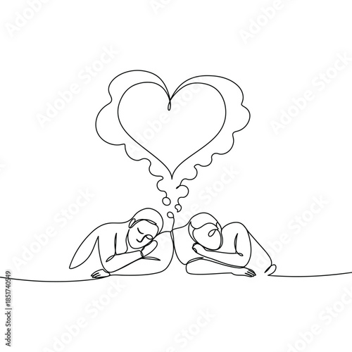 Minimalist Line Art Illustration of Couple Lying Down Facing Each Other with Heart Shaped Thought Bubble Symbolizing Love and Affection