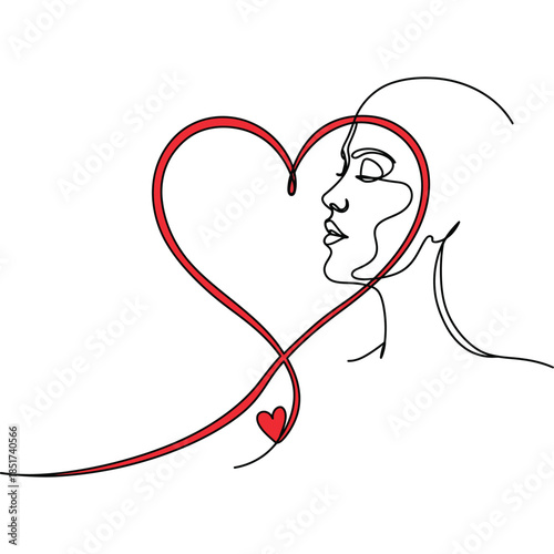 Minimalist Line Art Illustration of Heart Shape Intertwined with Woman s Face Symbolizing Love and Emotion