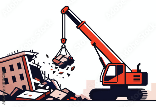 Crane demolishes building, dropping debris