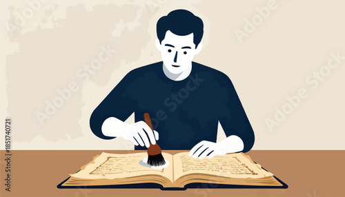 Person carefully cleaning an old, open book with a brush